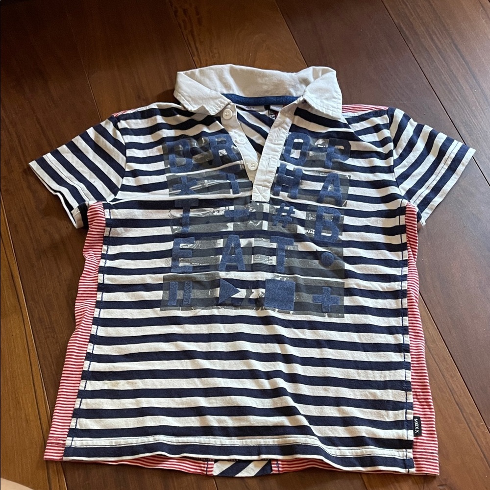 Mexx Navy and White Striped Kids Polo with Red Accents